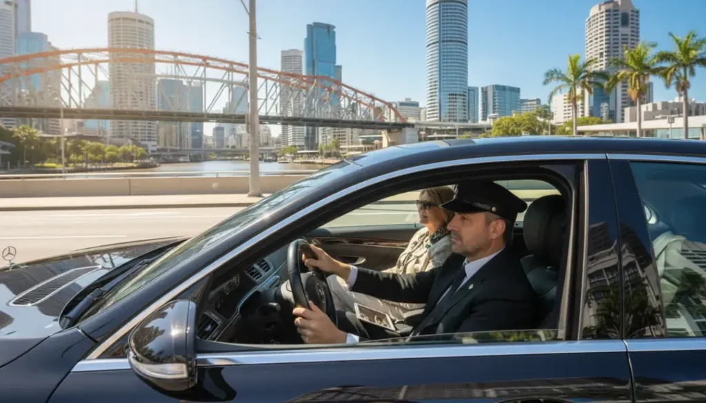 Chauffeur-driven vehicle travelling through Brisbane city streets